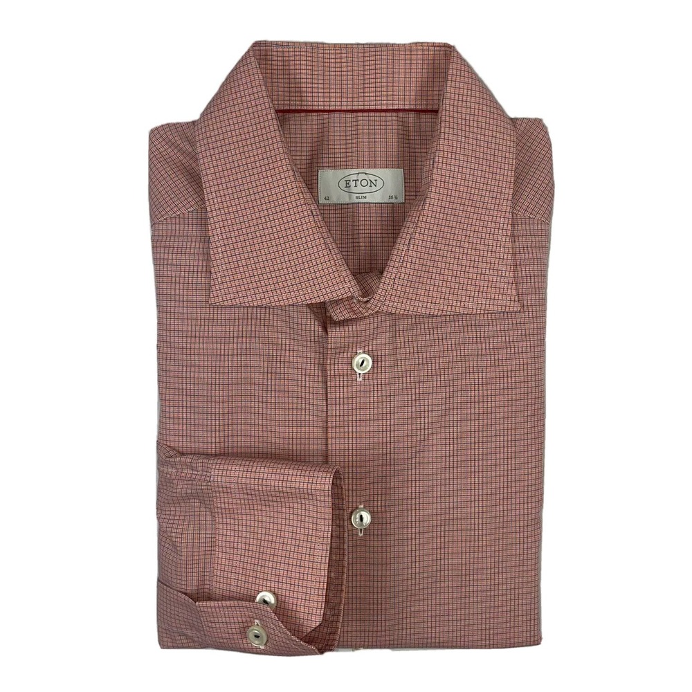 ETON Slim Orange Blue Microchecked Cotton Mens Button Front Shirt 16.5 42